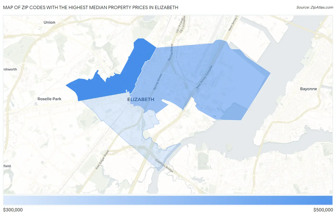 Zip Codes with the Highest Median Property Prices in Elizabeth Map