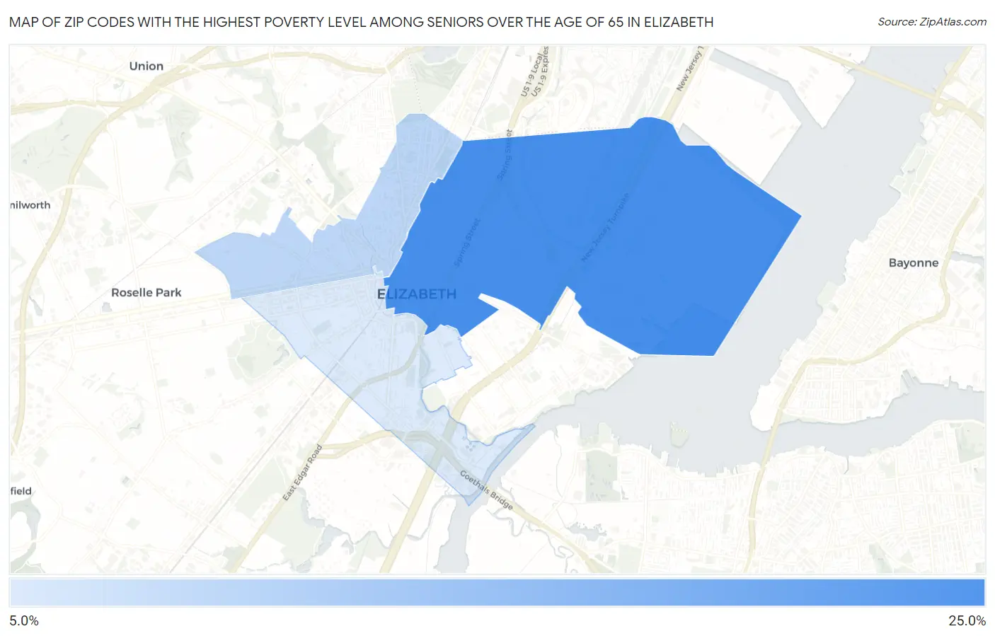 Zip Codes with the Highest Poverty Level Among Seniors Over the Age of 65 in Elizabeth Map
