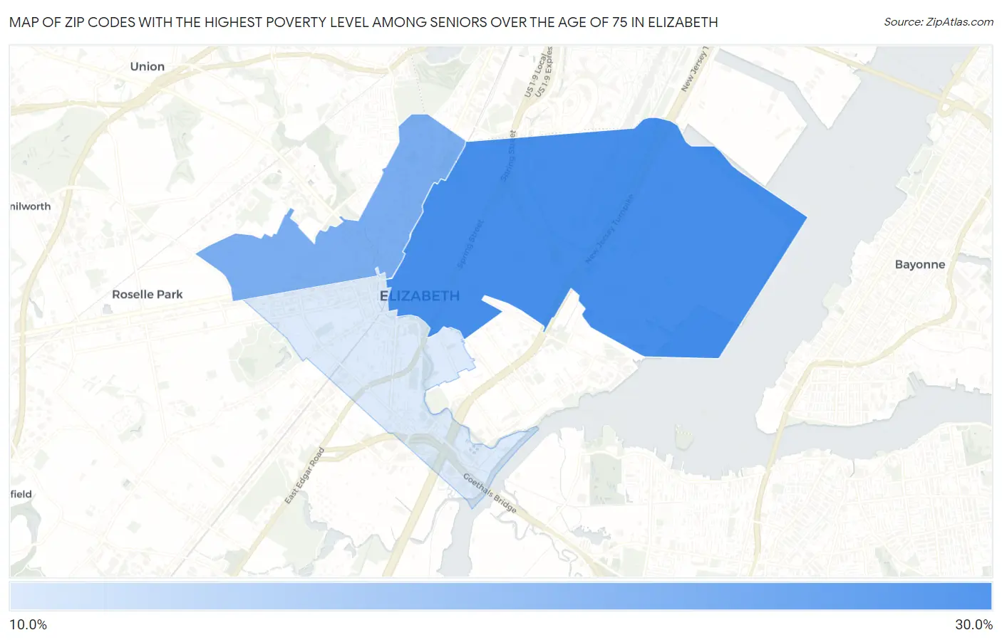 Zip Codes with the Highest Poverty Level Among Seniors Over the Age of 75 in Elizabeth Map
