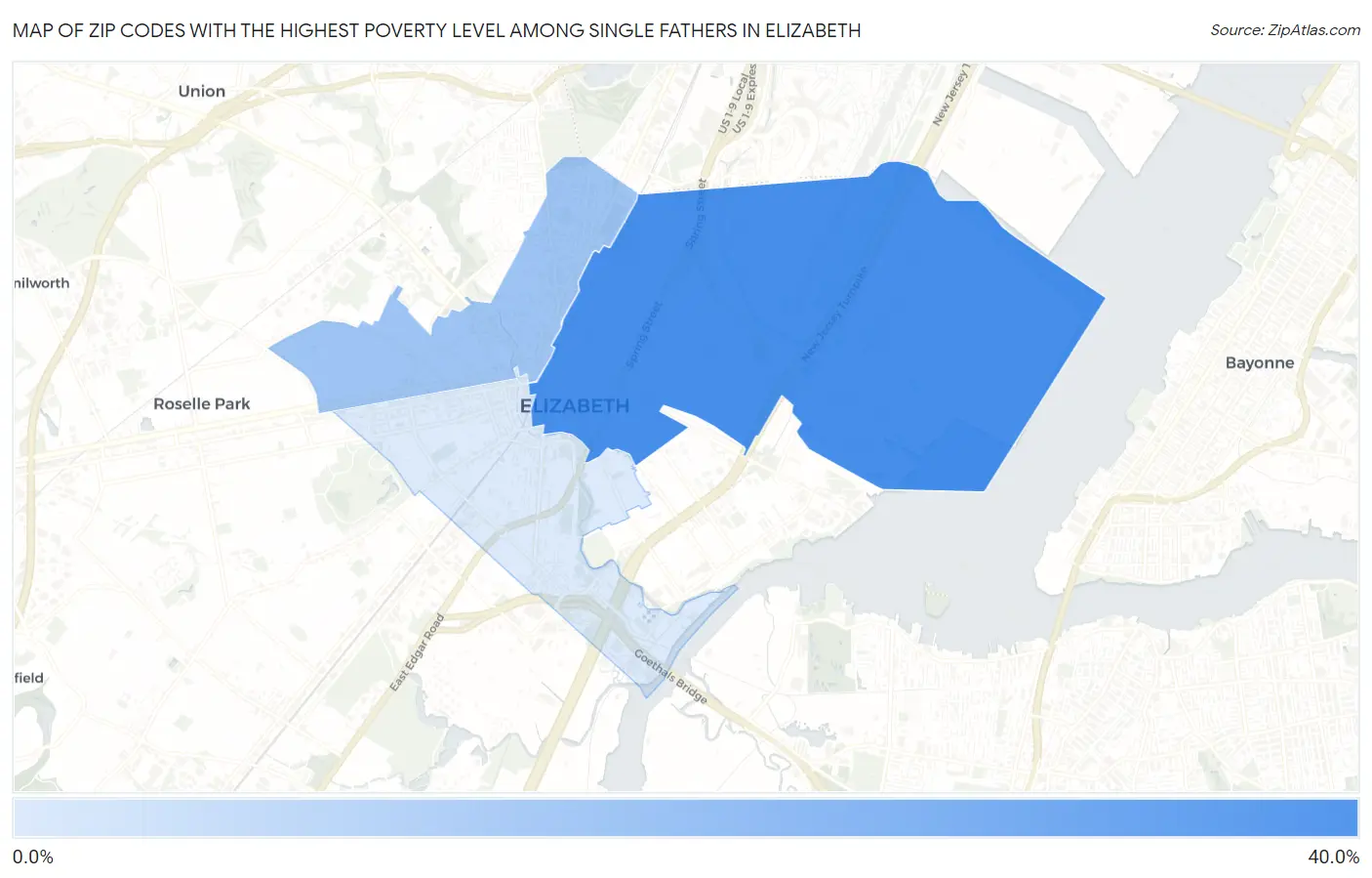 Zip Codes with the Highest Poverty Level Among Single Fathers in Elizabeth Map