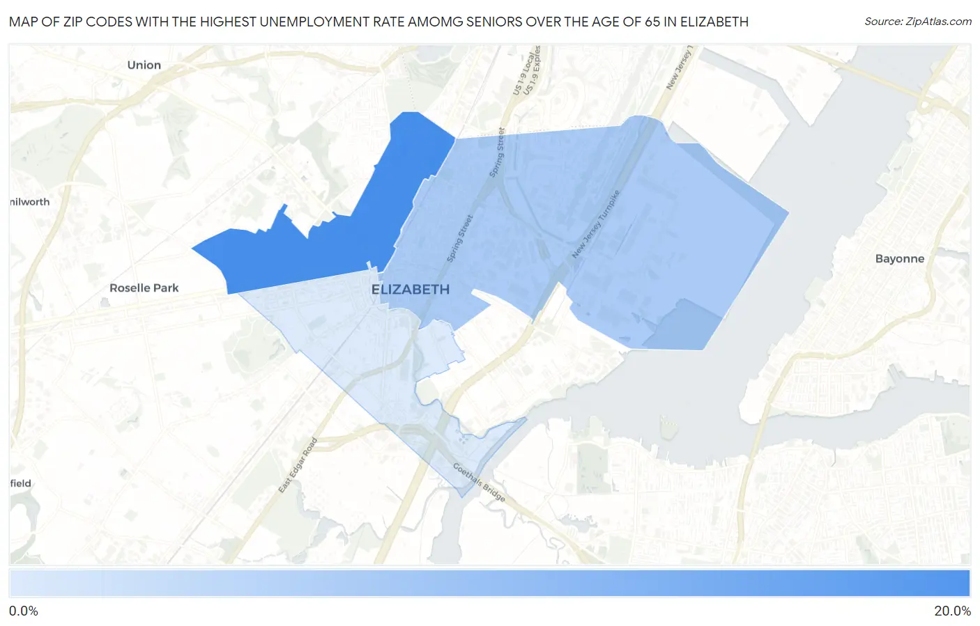 Zip Codes with the Highest Unemployment Rate Amomg Seniors Over the Age of 65 in Elizabeth Map