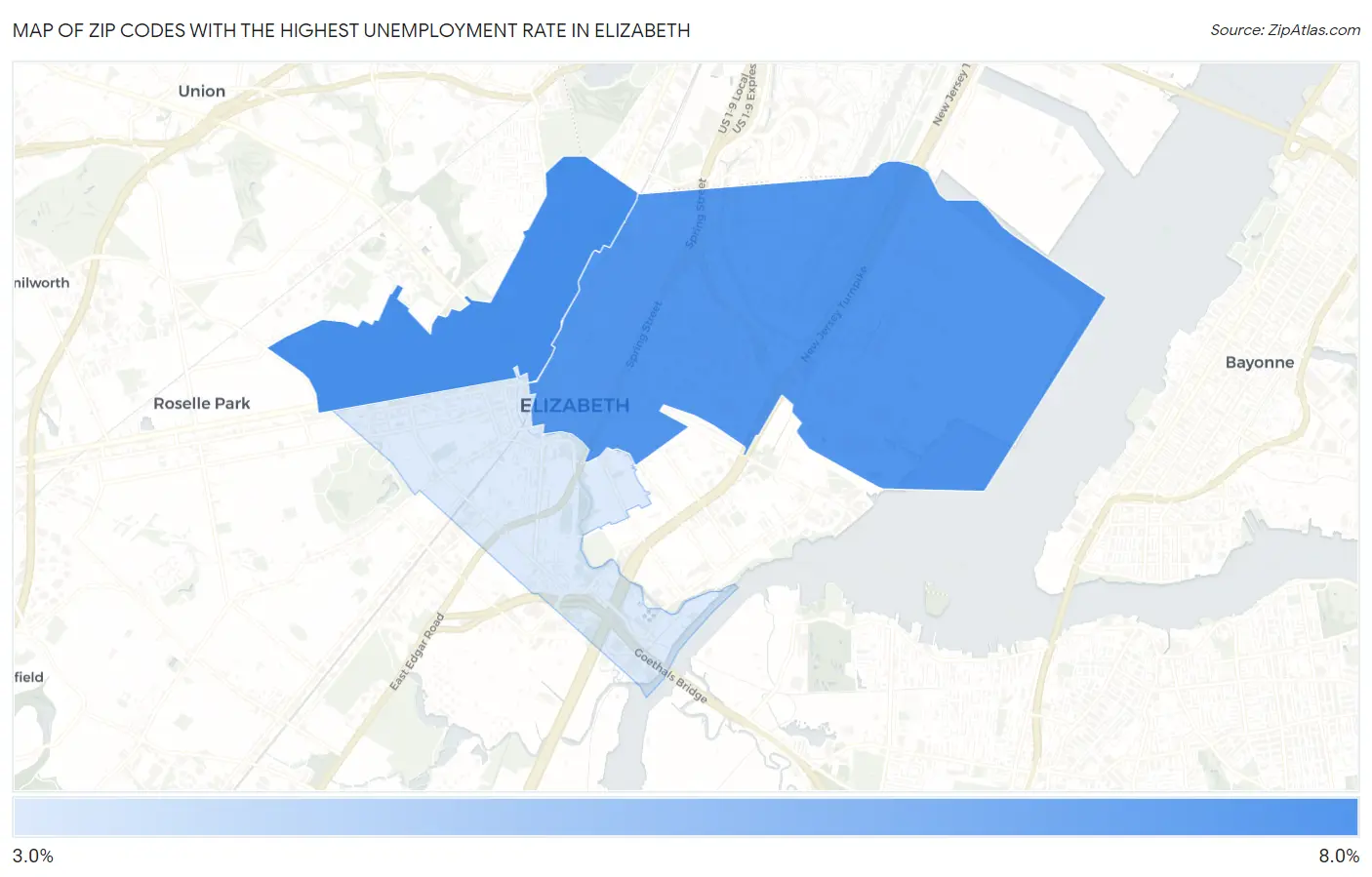 Zip Codes with the Highest Unemployment Rate in Elizabeth Map