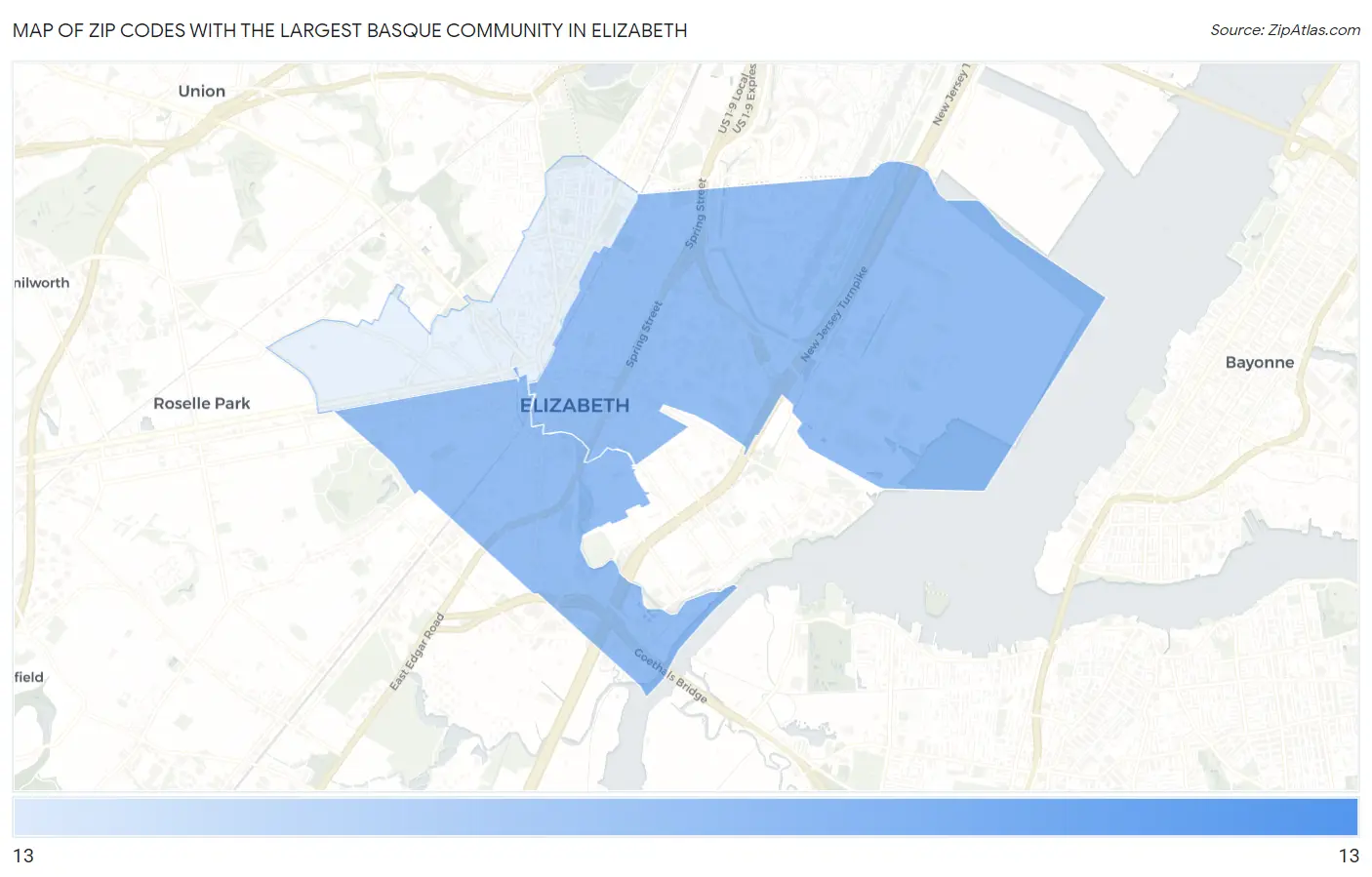 Zip Codes with the Largest Basque Community in Elizabeth Map