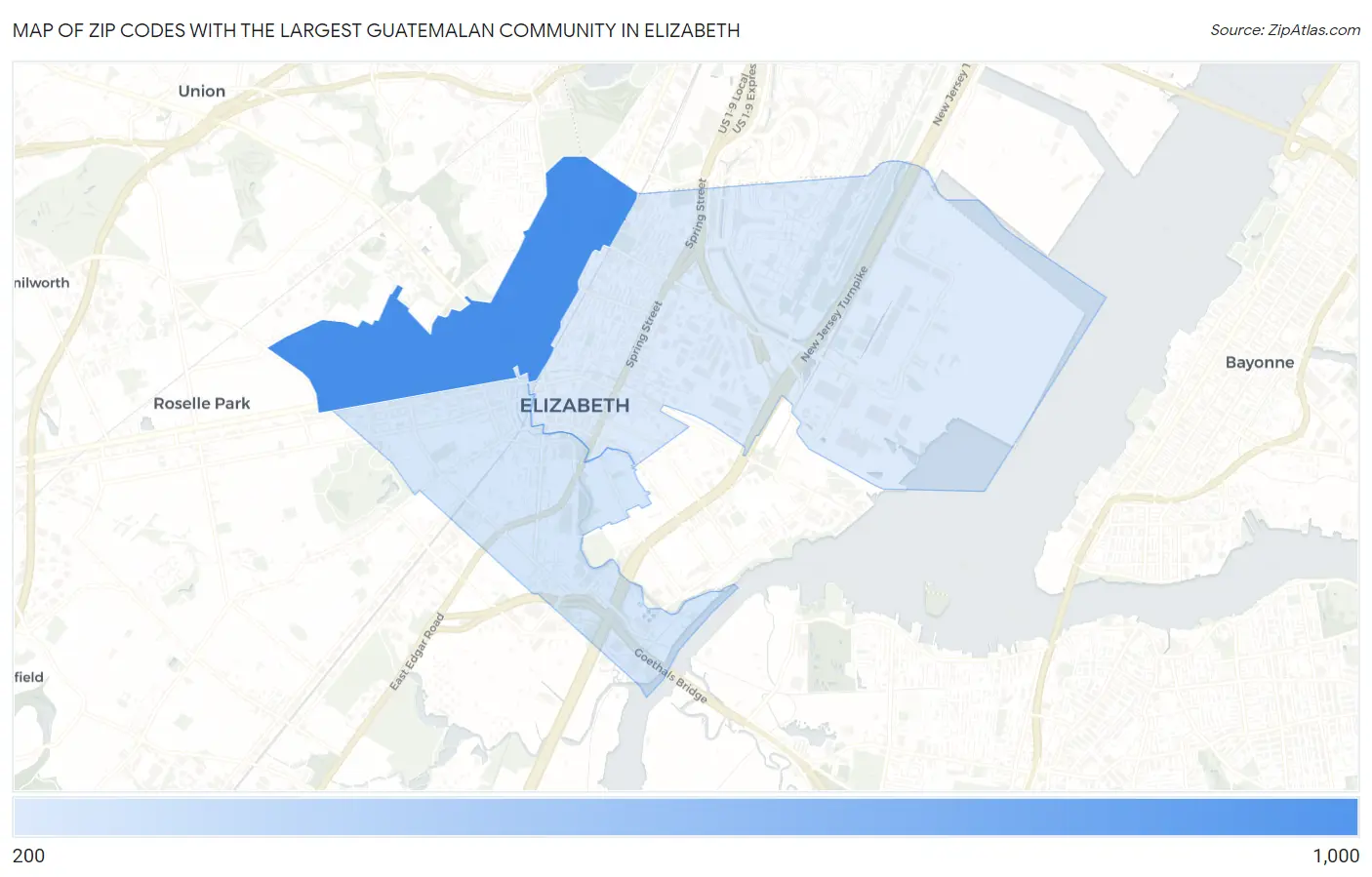 Zip Codes with the Largest Guatemalan Community in Elizabeth Map