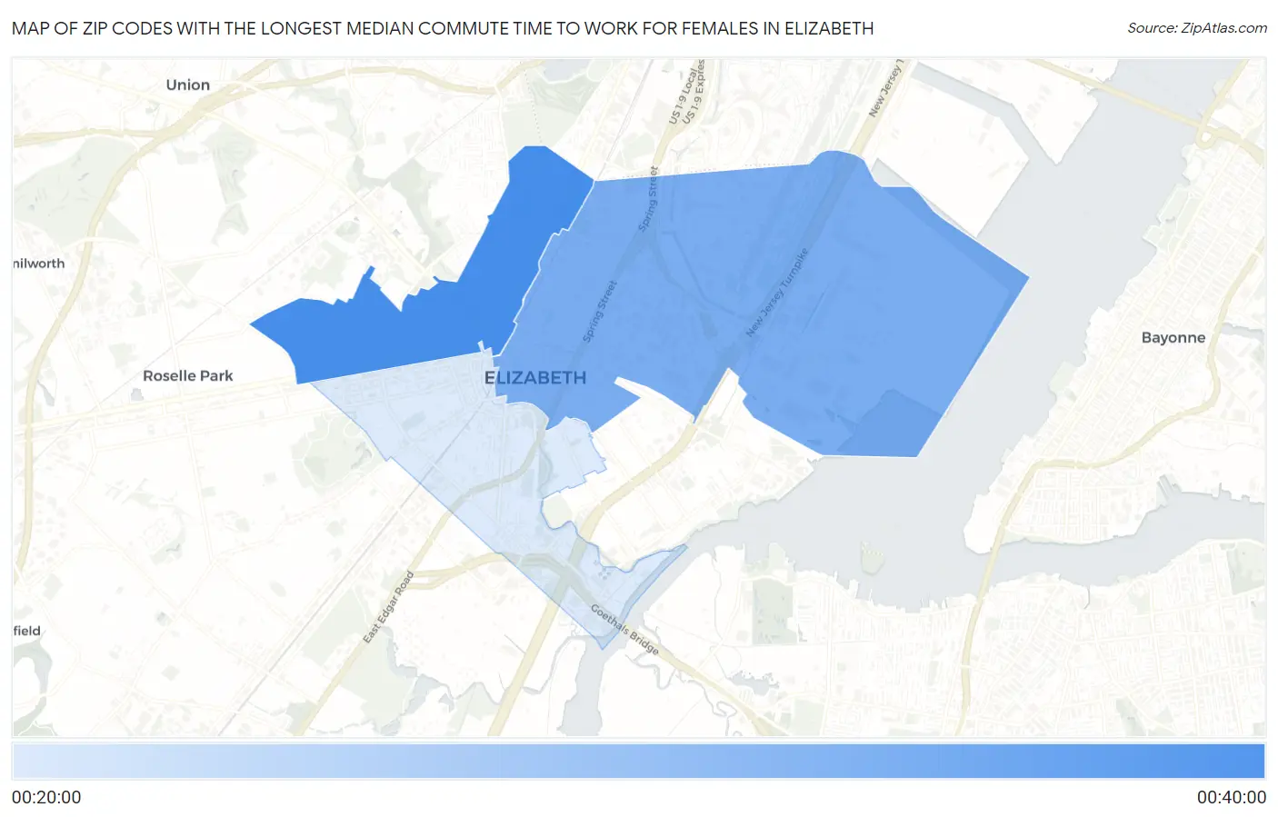 Zip Codes with the Longest Median Commute Time to Work for Females in Elizabeth Map