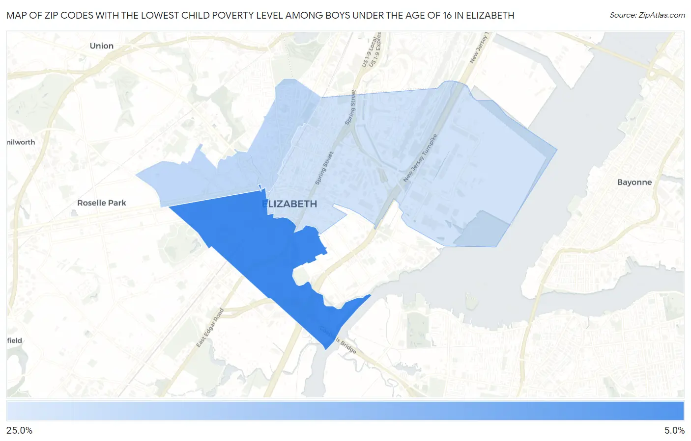 Zip Codes with the Lowest Child Poverty Level Among Boys Under the Age of 16 in Elizabeth Map