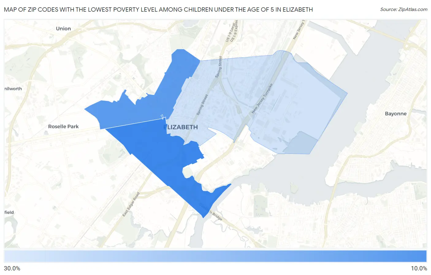 Zip Codes with the Lowest Poverty Level Among Children Under the Age of 5 in Elizabeth Map