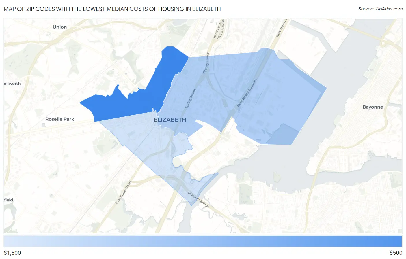 Zip Codes with the Lowest Median Costs of Housing in Elizabeth Map