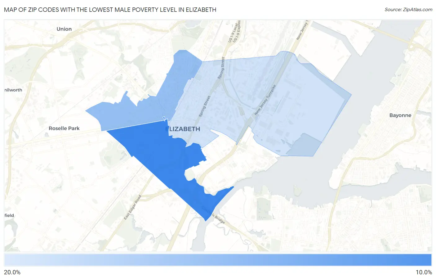 Zip Codes with the Lowest Male Poverty Level in Elizabeth Map