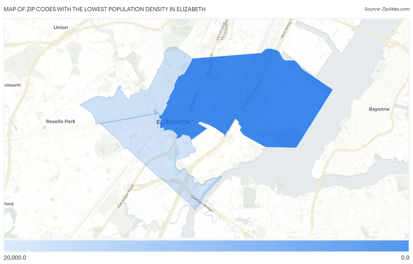 Zip Codes with the Lowest Population Density in Elizabeth Map