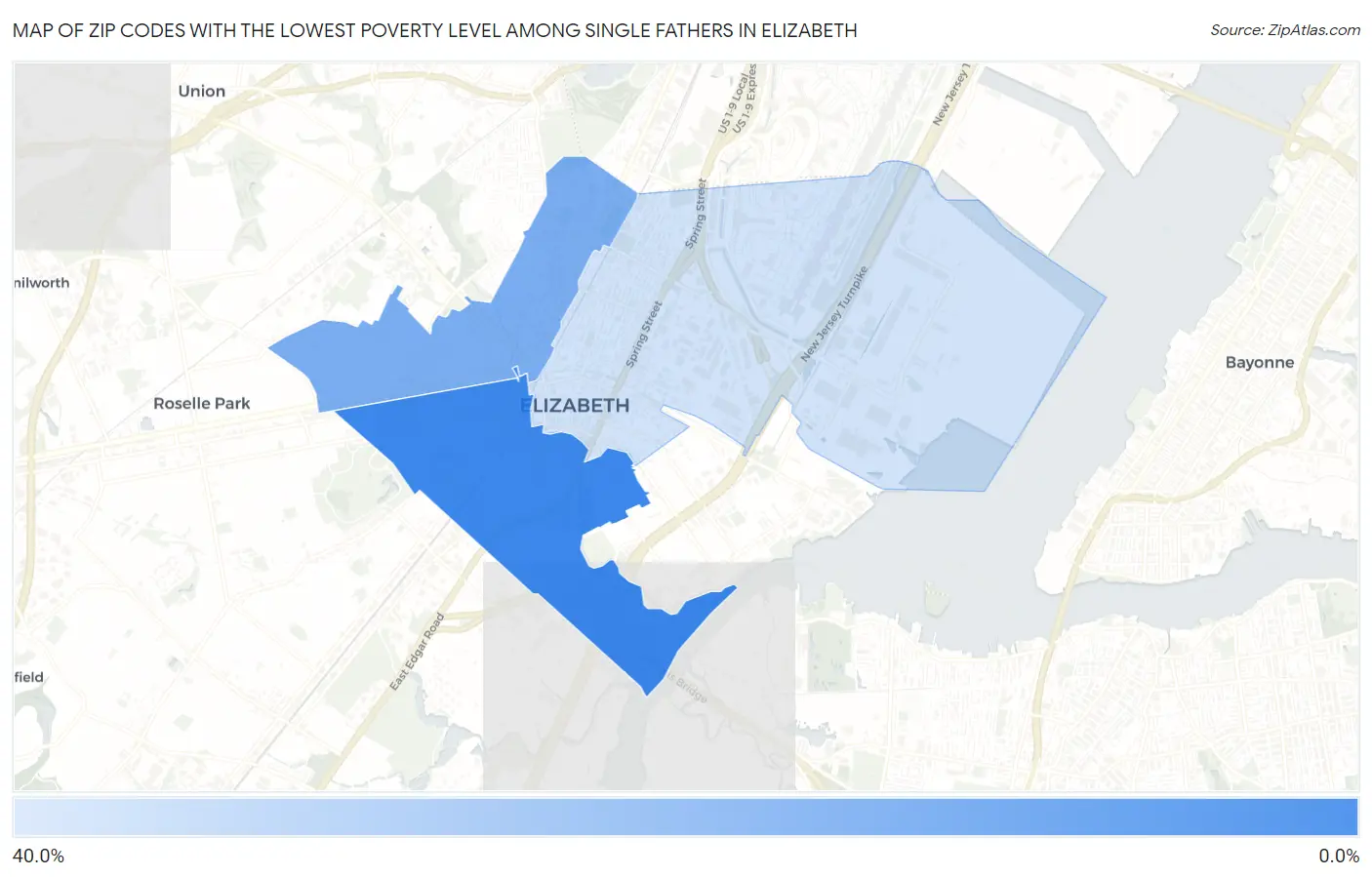 Zip Codes with the Lowest Poverty Level Among Single Fathers in Elizabeth Map