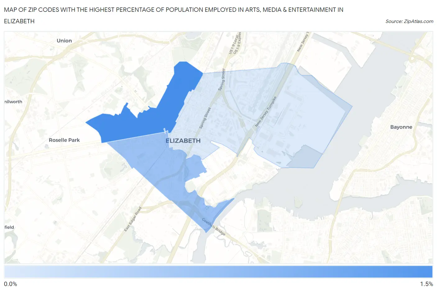 Zip Codes with the Highest Percentage of Population Employed in Arts, Media & Entertainment in Elizabeth Map