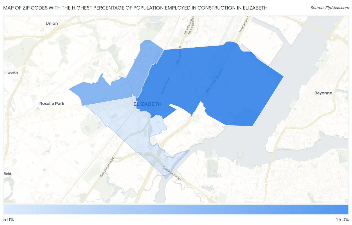 Zip Codes with the Highest Percentage of Population Employed in Construction in Elizabeth Map