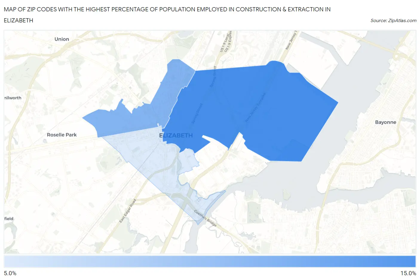 Zip Codes with the Highest Percentage of Population Employed in Construction & Extraction in Elizabeth Map