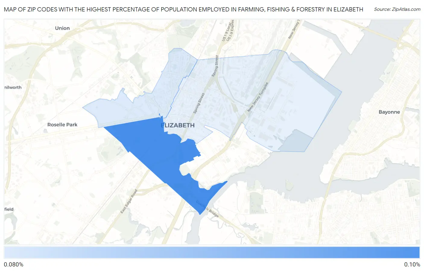 Zip Codes with the Highest Percentage of Population Employed in Farming, Fishing & Forestry in Elizabeth Map