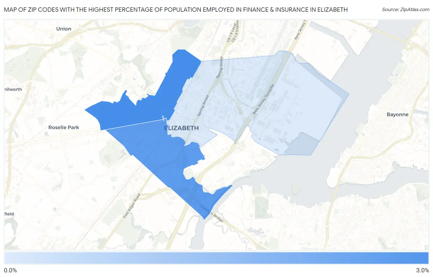 Zip Codes with the Highest Percentage of Population Employed in Finance & Insurance in Elizabeth Map