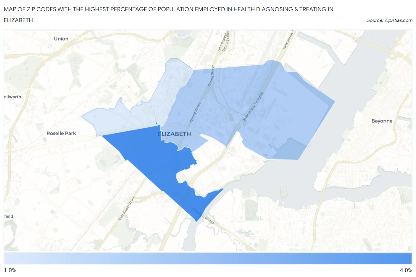 Zip Codes with the Highest Percentage of Population Employed in Health Diagnosing & Treating in Elizabeth Map