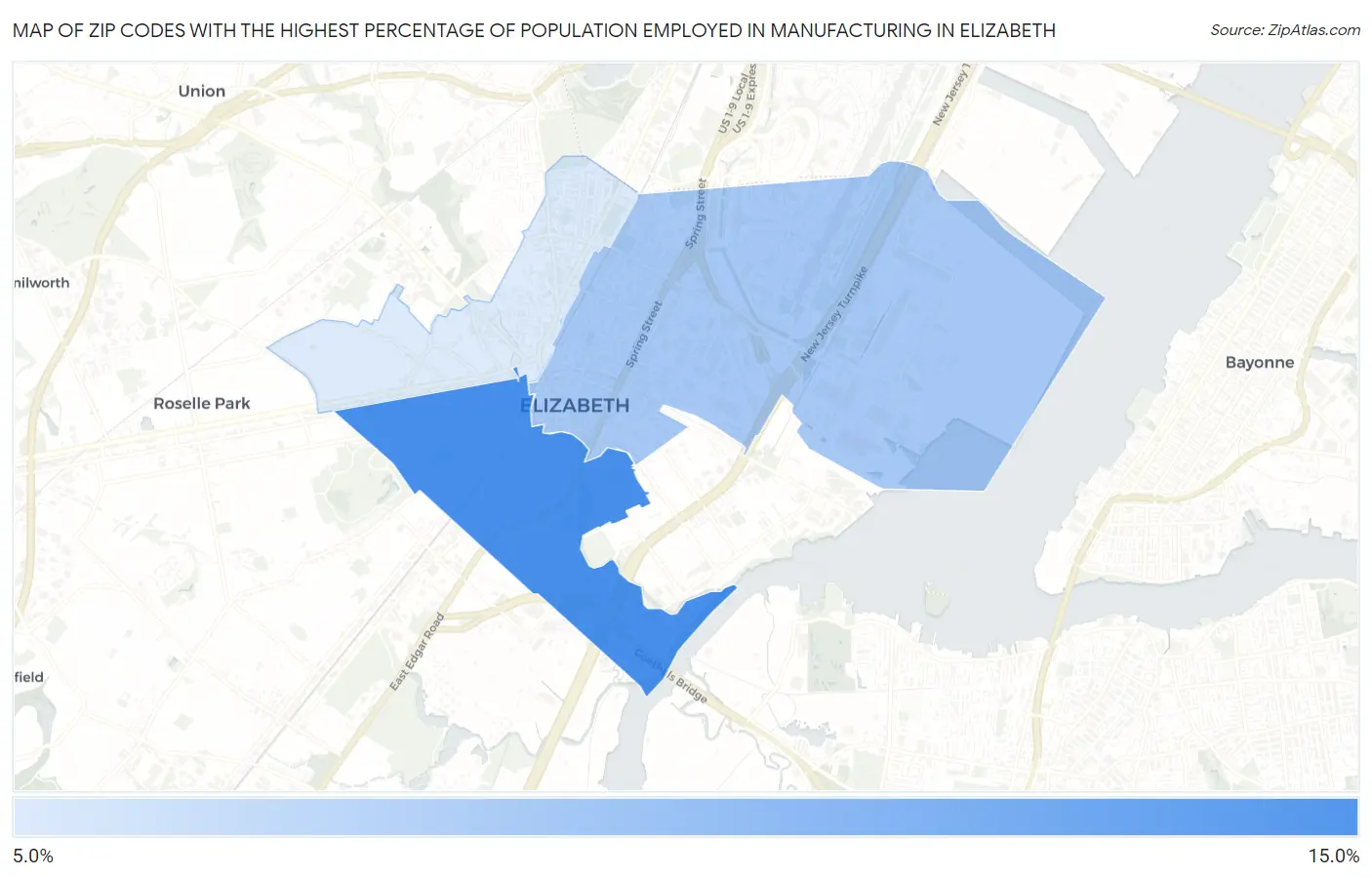 Zip Codes with the Highest Percentage of Population Employed in Manufacturing in Elizabeth Map