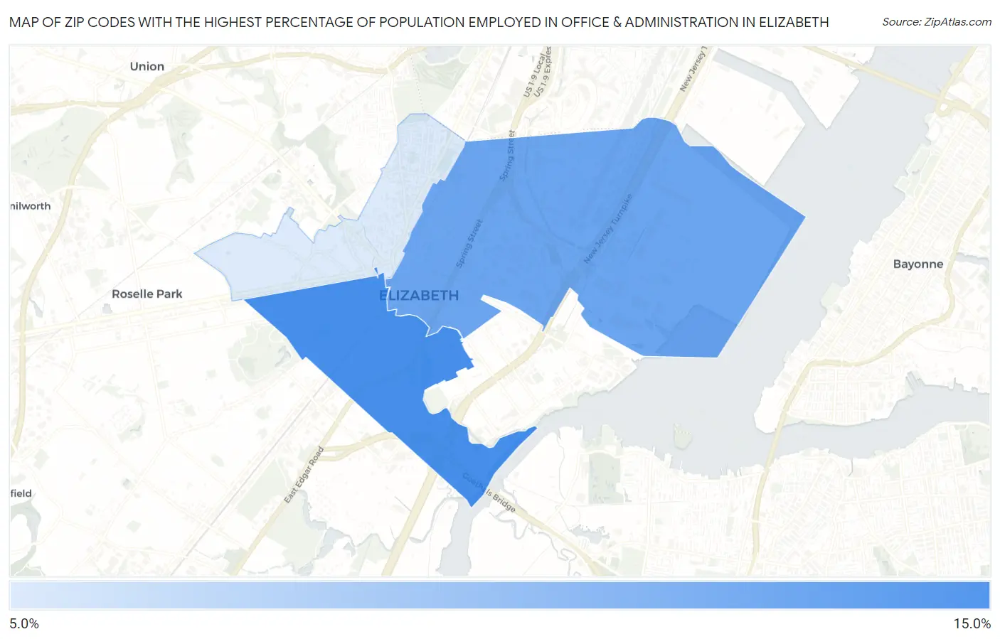 Zip Codes with the Highest Percentage of Population Employed in Office & Administration in Elizabeth Map