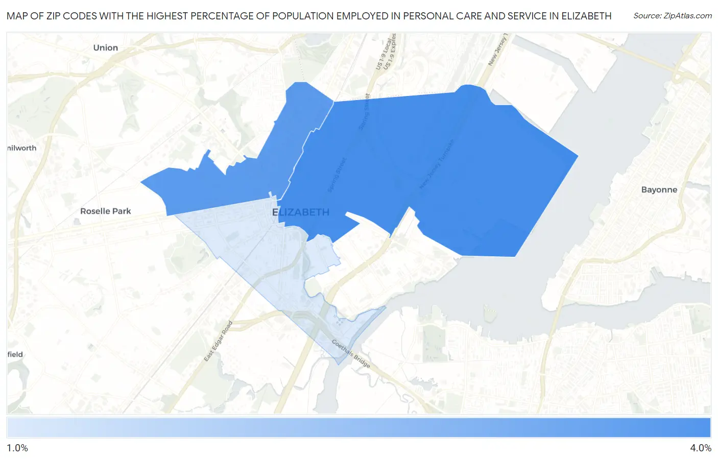 Zip Codes with the Highest Percentage of Population Employed in Personal Care and Service in Elizabeth Map