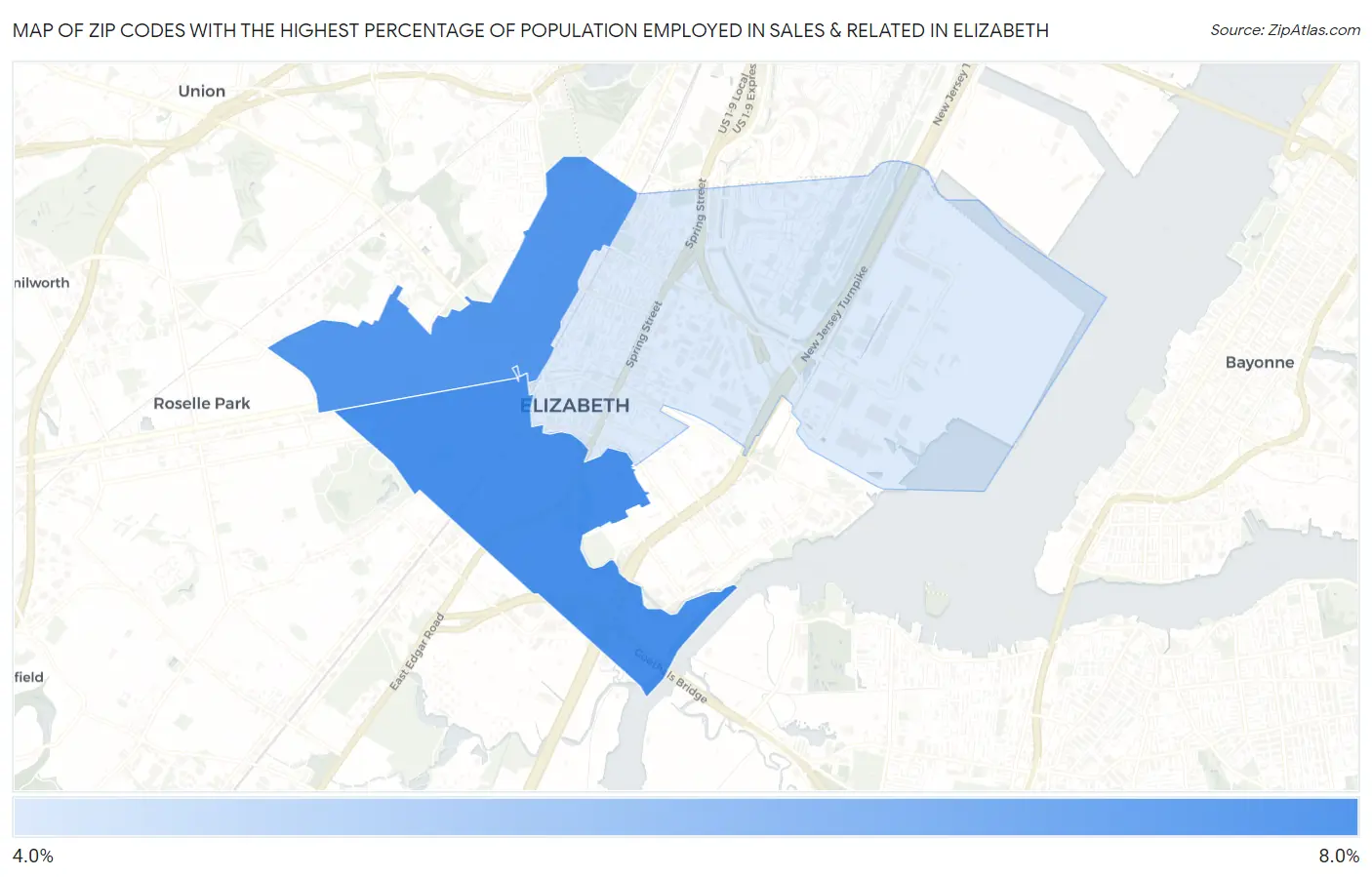 Zip Codes with the Highest Percentage of Population Employed in Sales & Related in Elizabeth Map