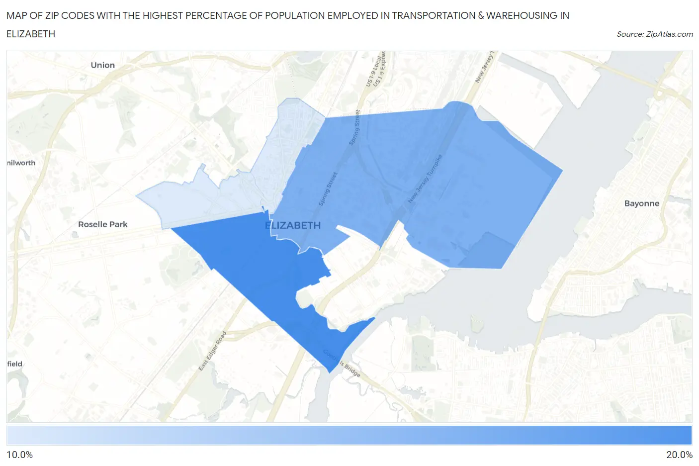 Zip Codes with the Highest Percentage of Population Employed in Transportation & Warehousing in Elizabeth Map
