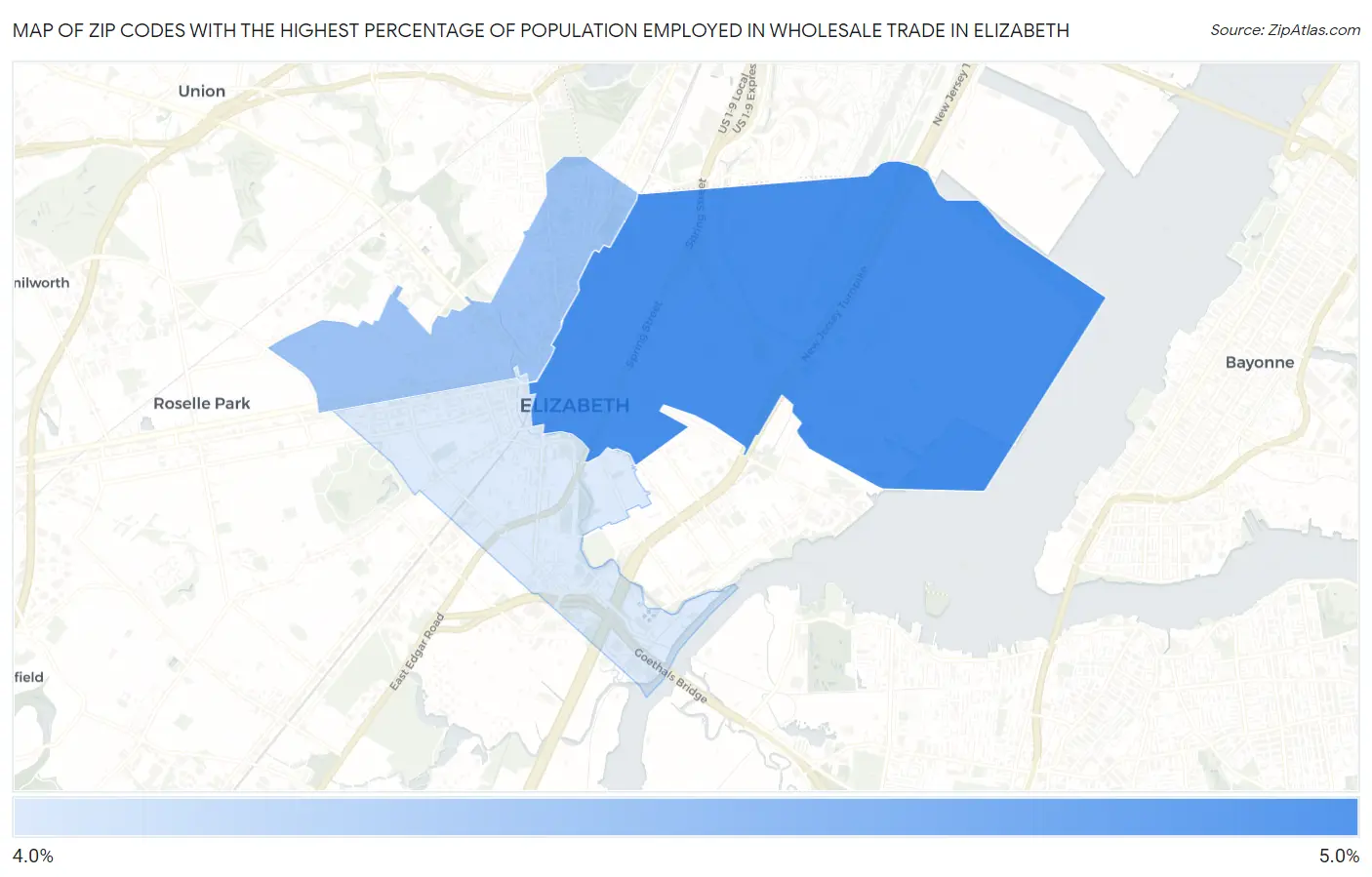 Zip Codes with the Highest Percentage of Population Employed in Wholesale Trade in Elizabeth Map