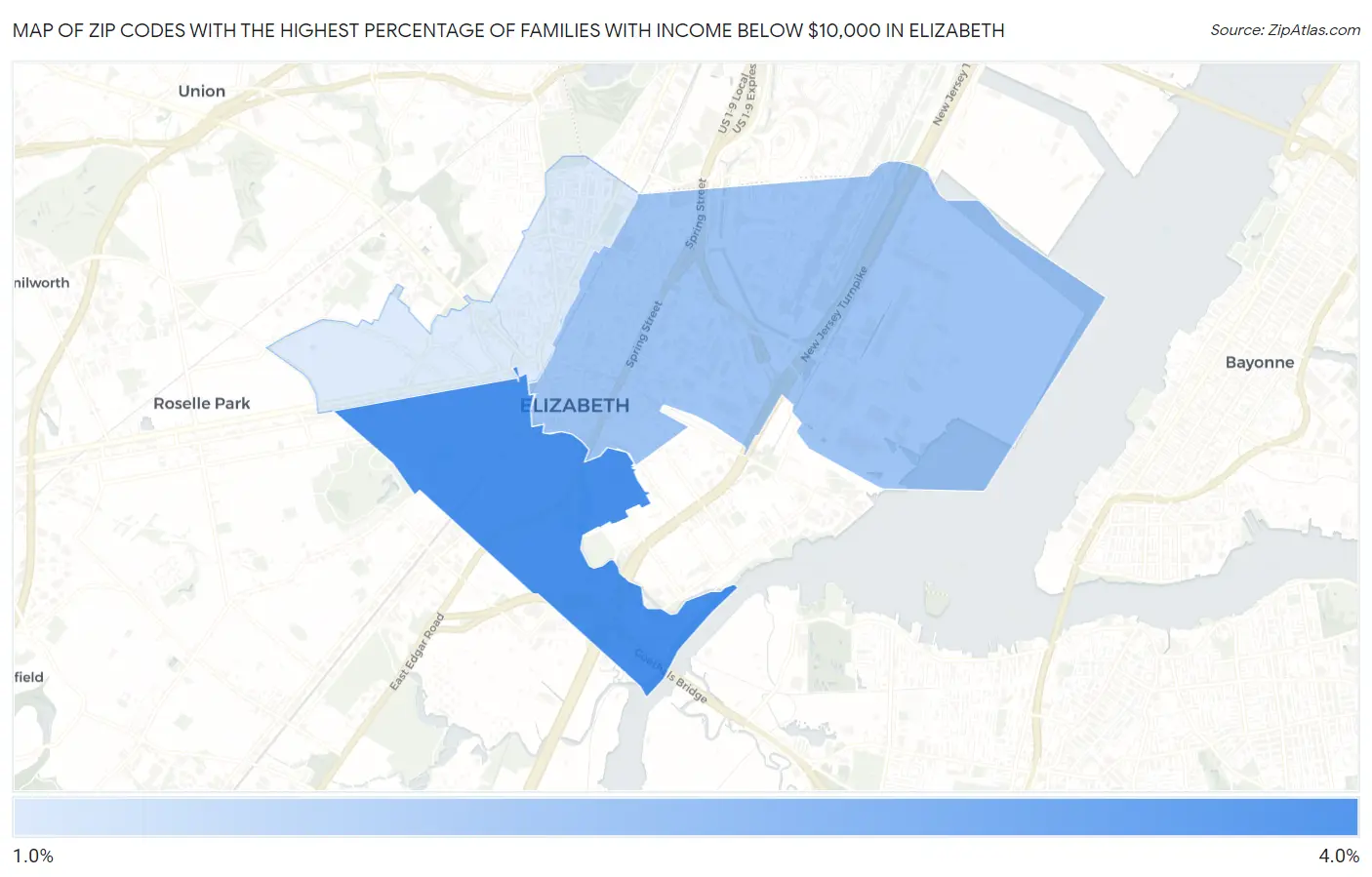 Zip Codes with the Highest Percentage of Families with Income Below $10,000 in Elizabeth Map