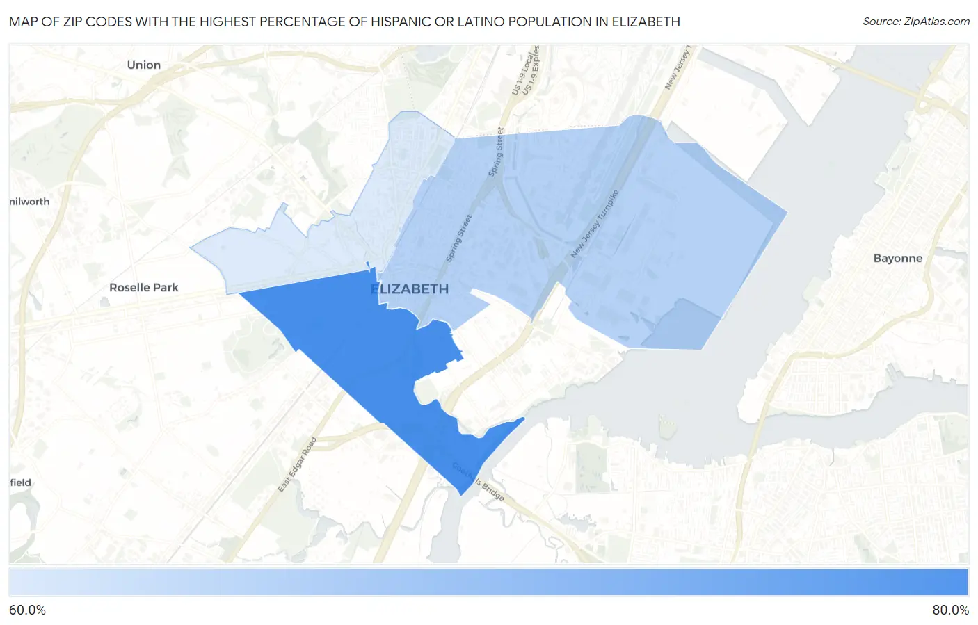 Zip Codes with the Highest Percentage of Hispanic or Latino Population in Elizabeth Map