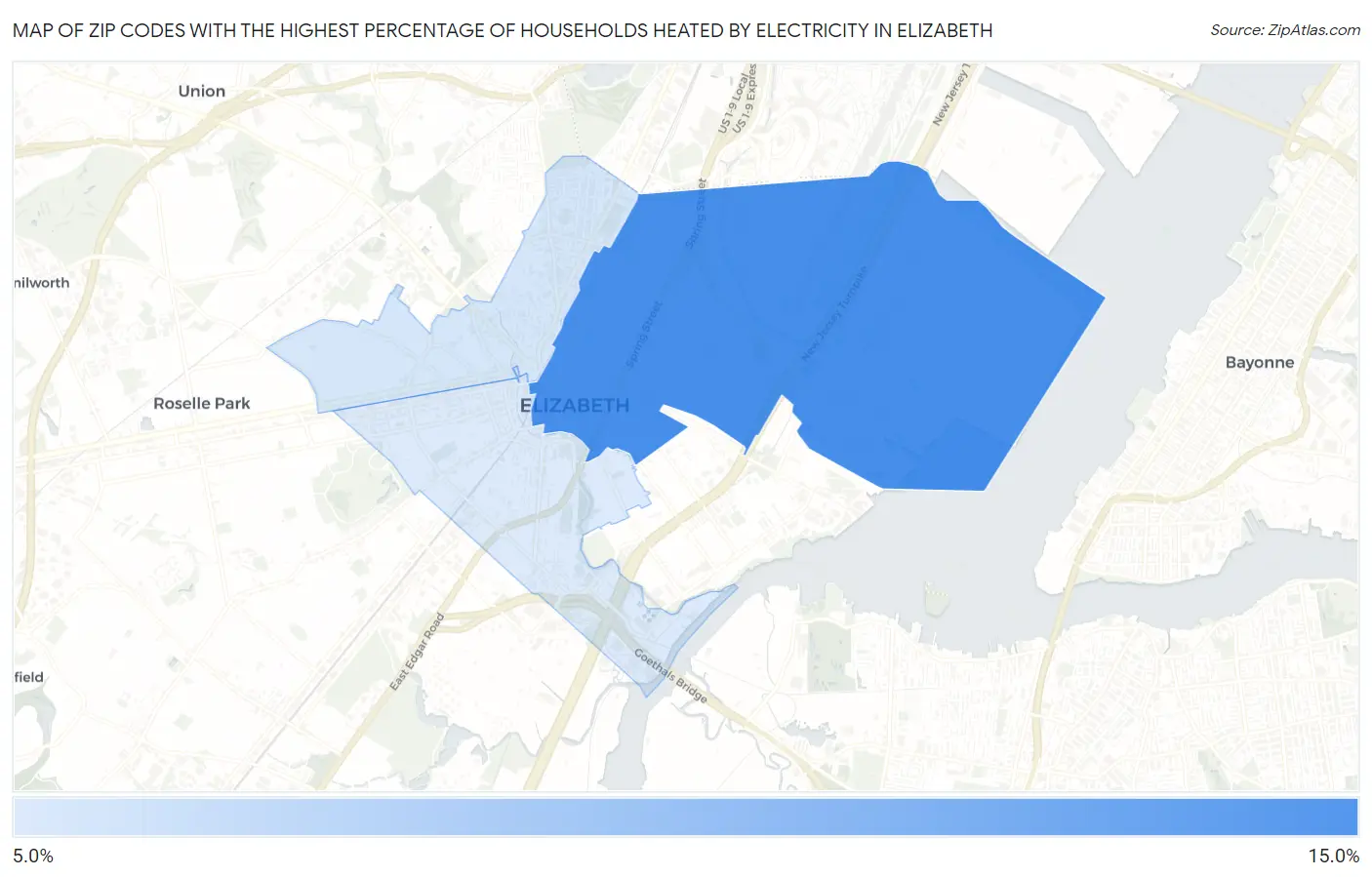 Zip Codes with the Highest Percentage of Households Heated by Electricity in Elizabeth Map