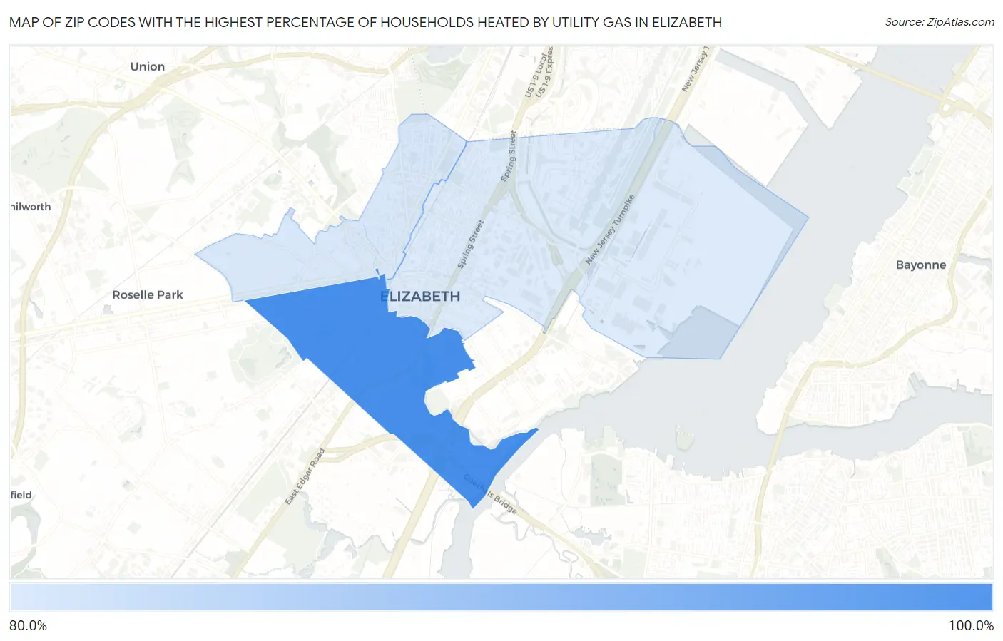 Zip Codes with the Highest Percentage of Households Heated by Utility Gas in Elizabeth Map