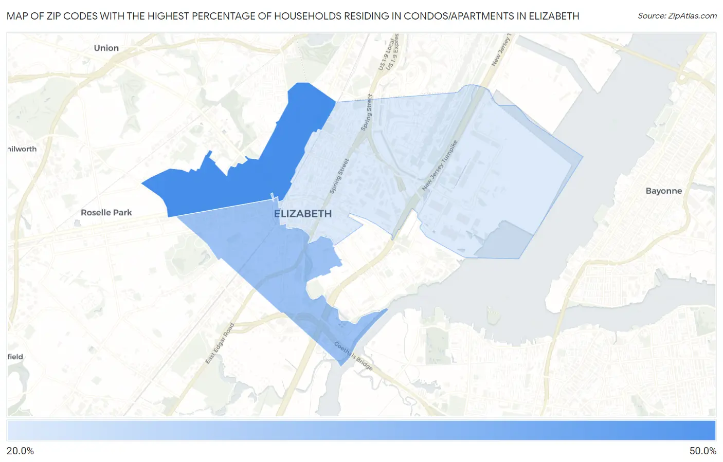 Zip Codes with the Highest Percentage of Households Residing in Condos/Apartments in Elizabeth Map