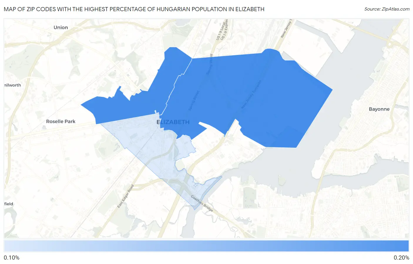 Zip Codes with the Highest Percentage of Hungarian Population in Elizabeth Map