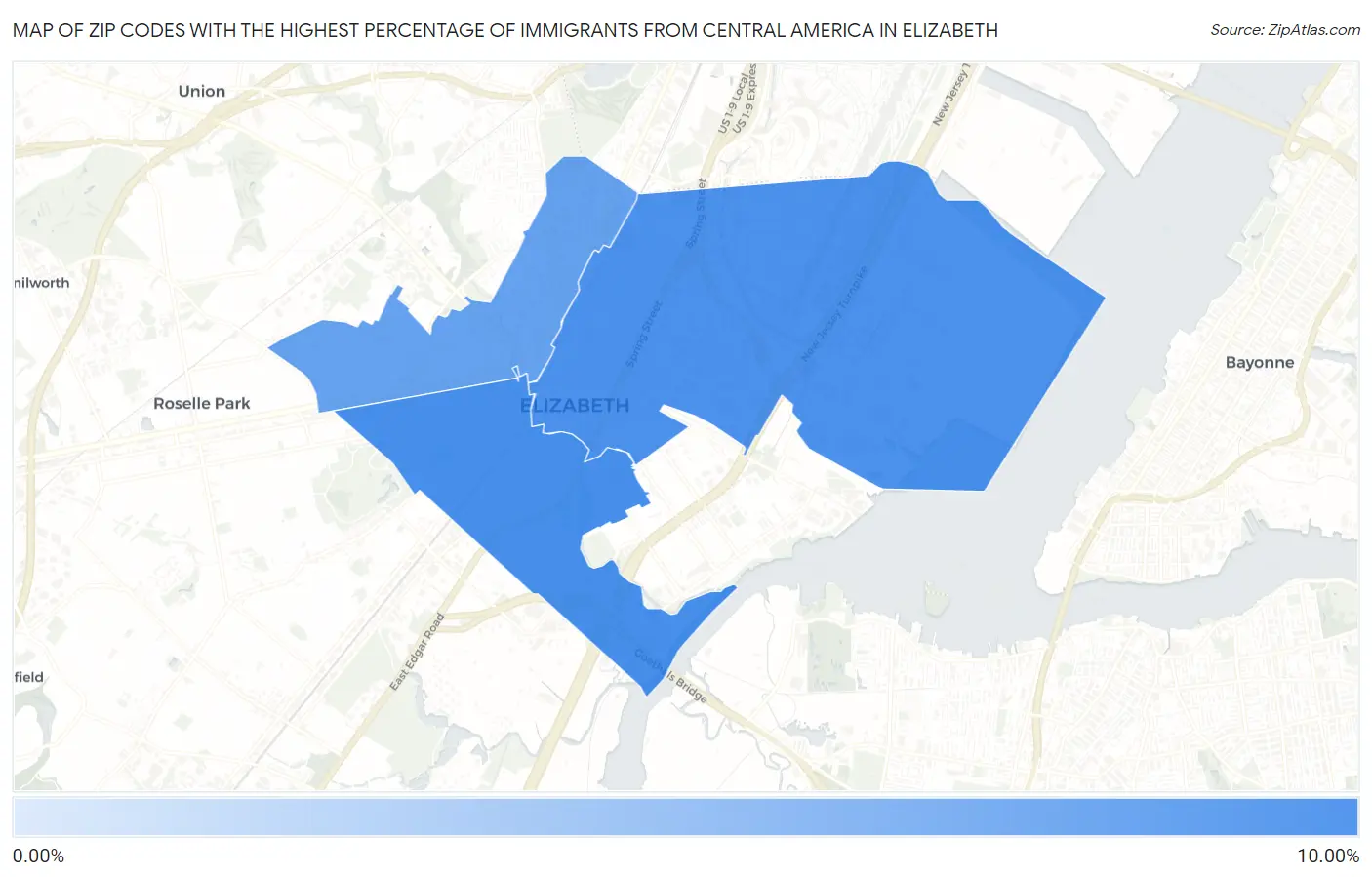 Zip Codes with the Highest Percentage of Immigrants from Central America in Elizabeth Map