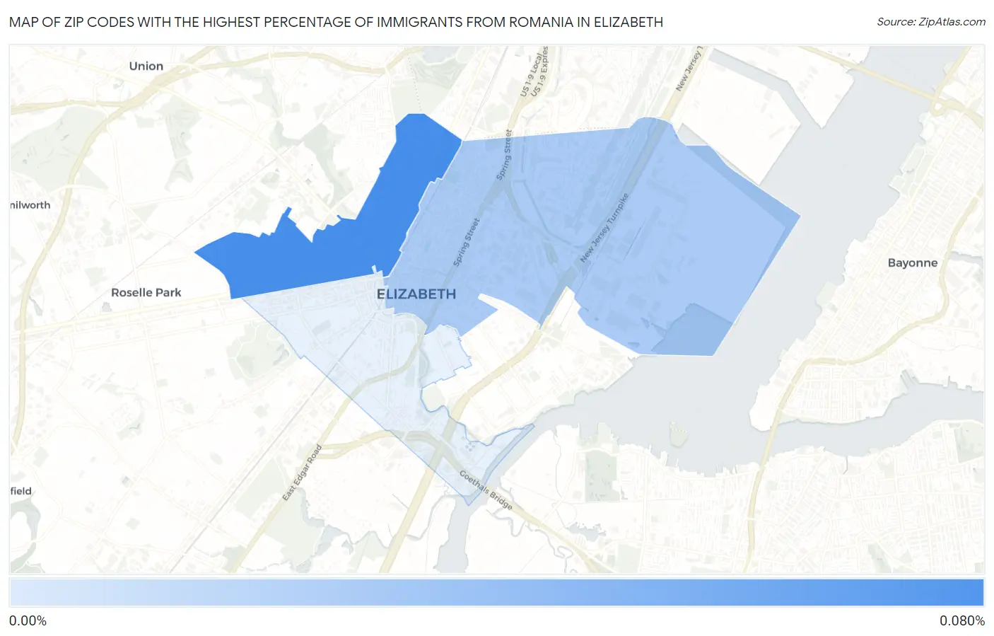 Zip Codes with the Highest Percentage of Immigrants from Romania in Elizabeth Map