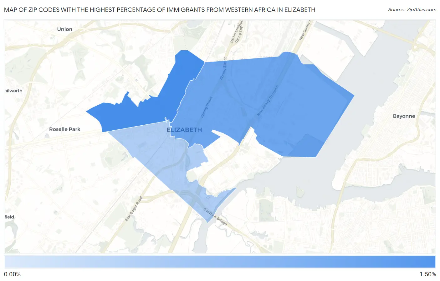 Zip Codes with the Highest Percentage of Immigrants from Western Africa in Elizabeth Map