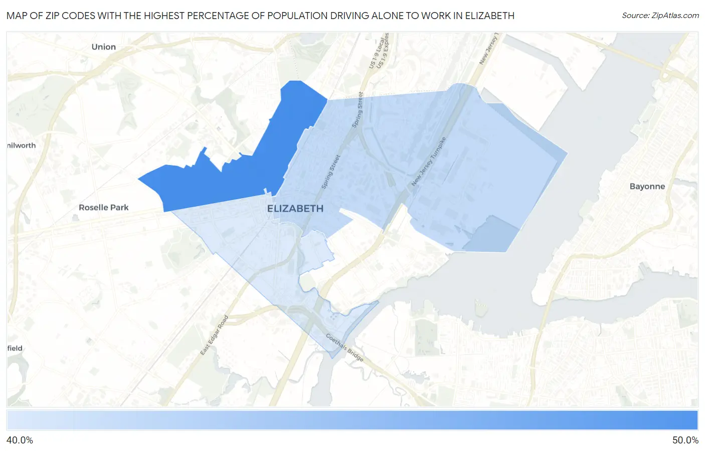 Zip Codes with the Highest Percentage of Population Driving Alone to Work in Elizabeth Map