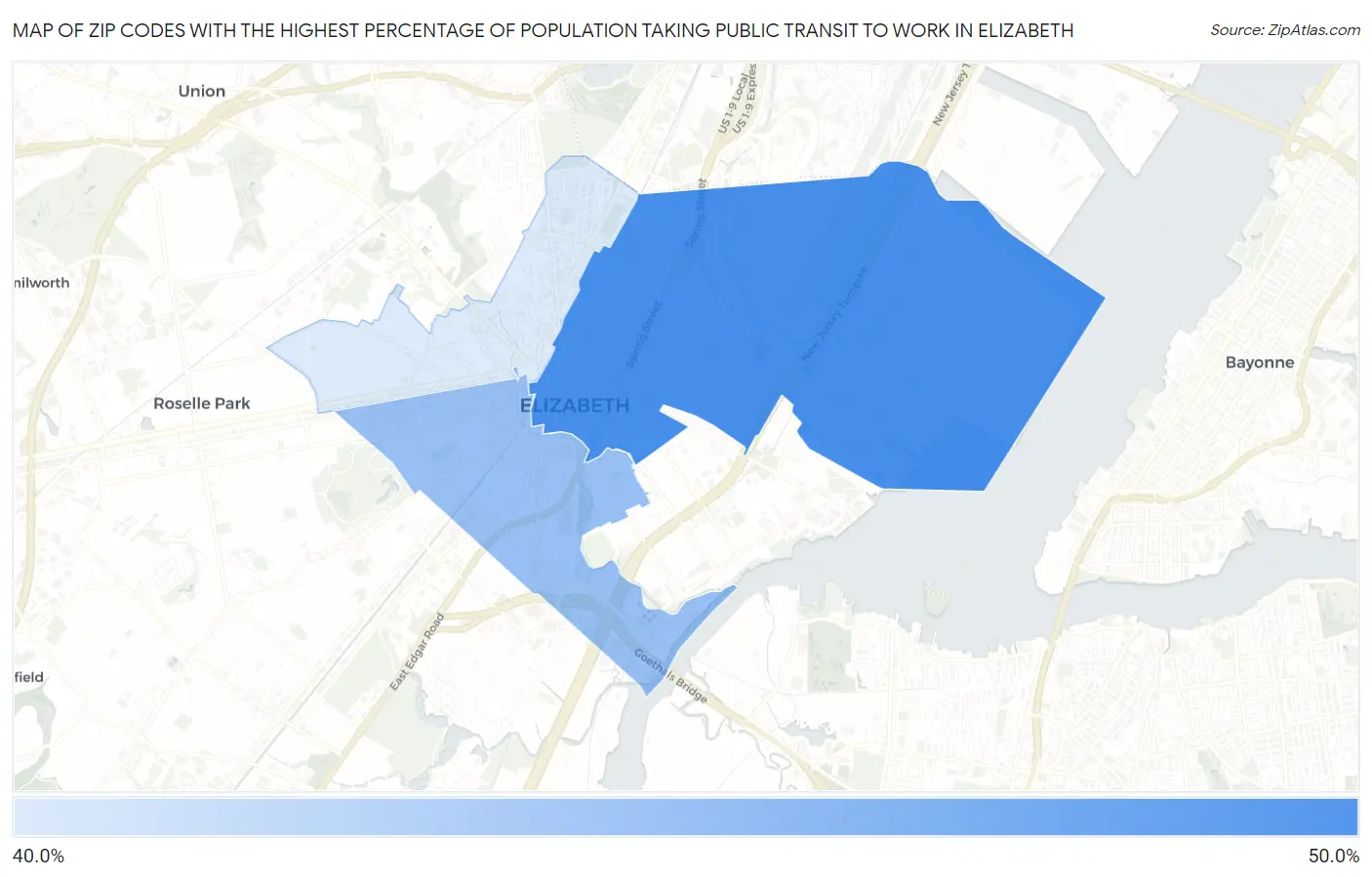 Zip Codes with the Highest Percentage of Population Taking Public Transit to Work in Elizabeth Map