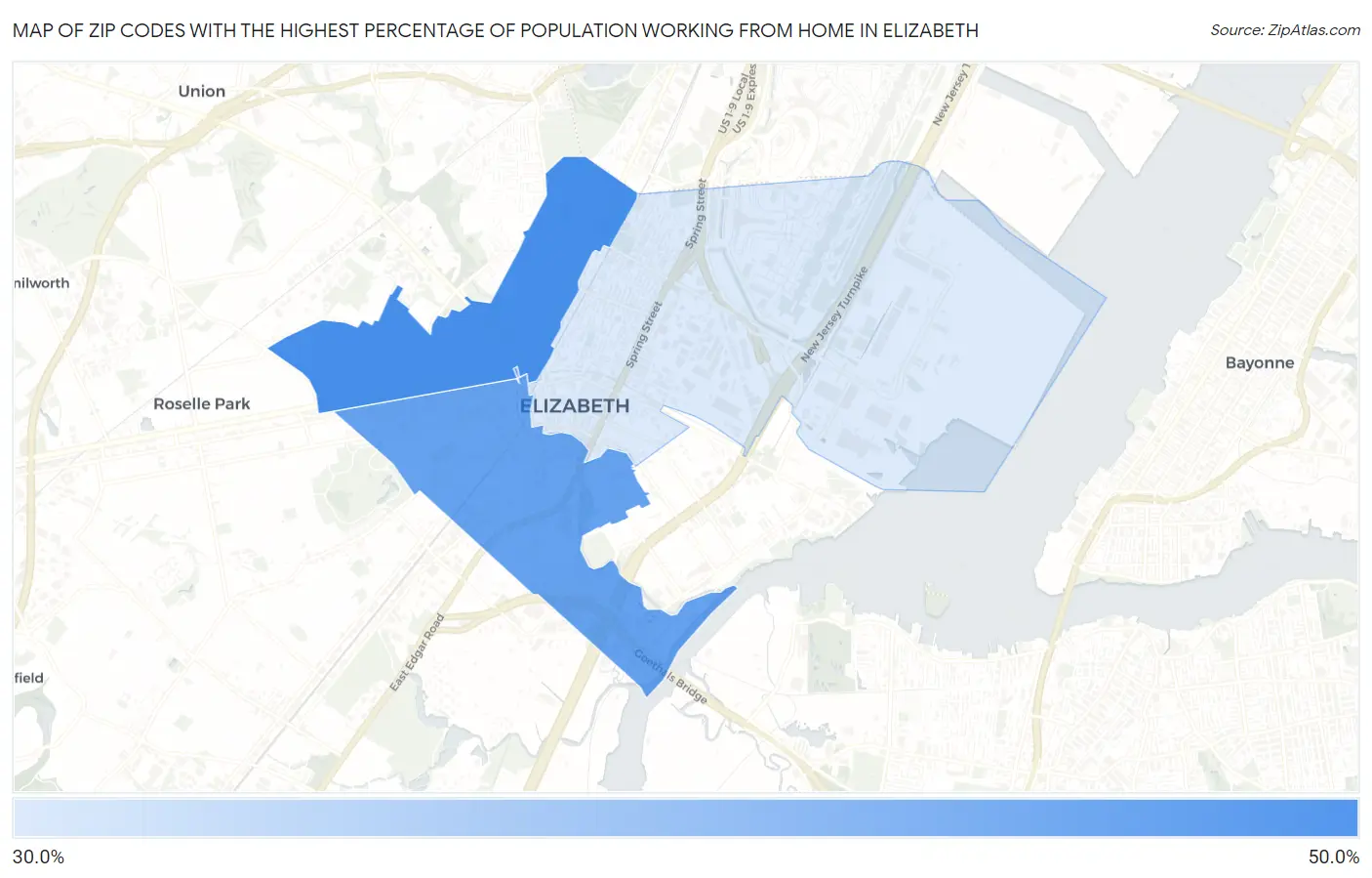 Zip Codes with the Highest Percentage of Population Working from Home in Elizabeth Map