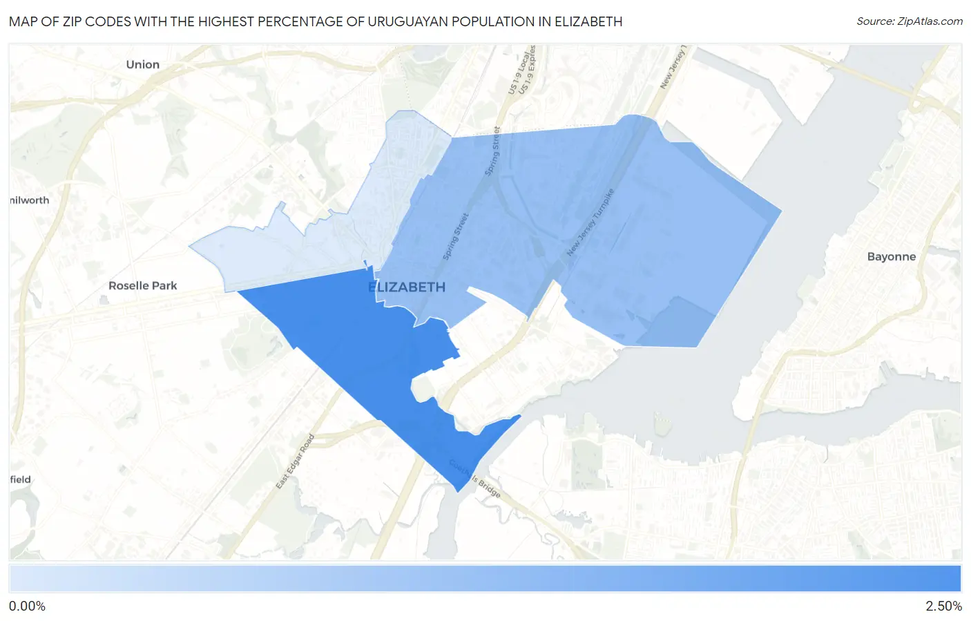 Zip Codes with the Highest Percentage of Uruguayan Population in Elizabeth Map
