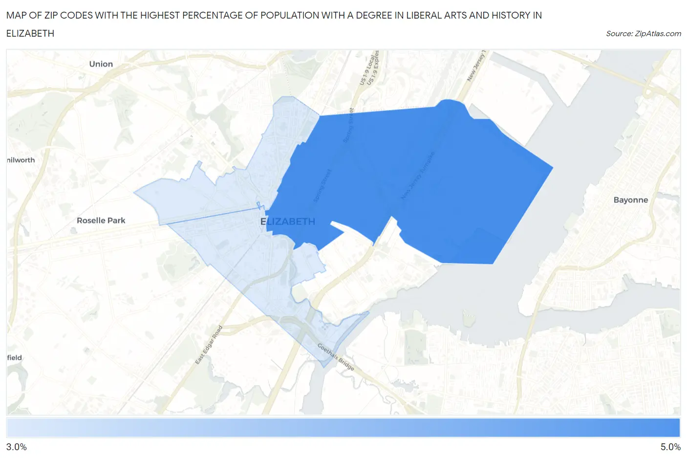 Zip Codes with the Highest Percentage of Population with a Degree in Liberal Arts and History in Elizabeth Map