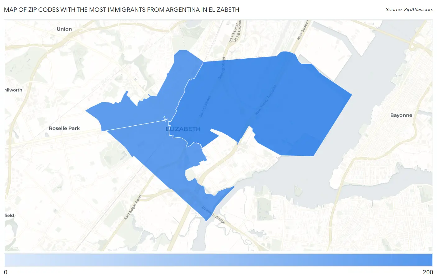 Zip Codes with the Most Immigrants from Argentina in Elizabeth Map