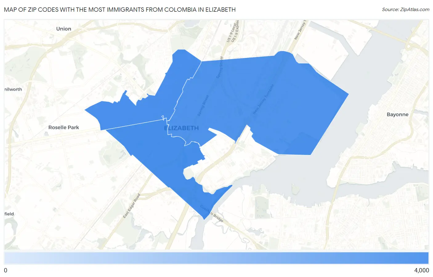 Zip Codes with the Most Immigrants from Colombia in Elizabeth Map
