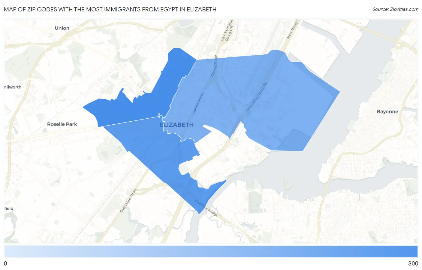 Zip Codes with the Most Immigrants from Egypt in Elizabeth Map