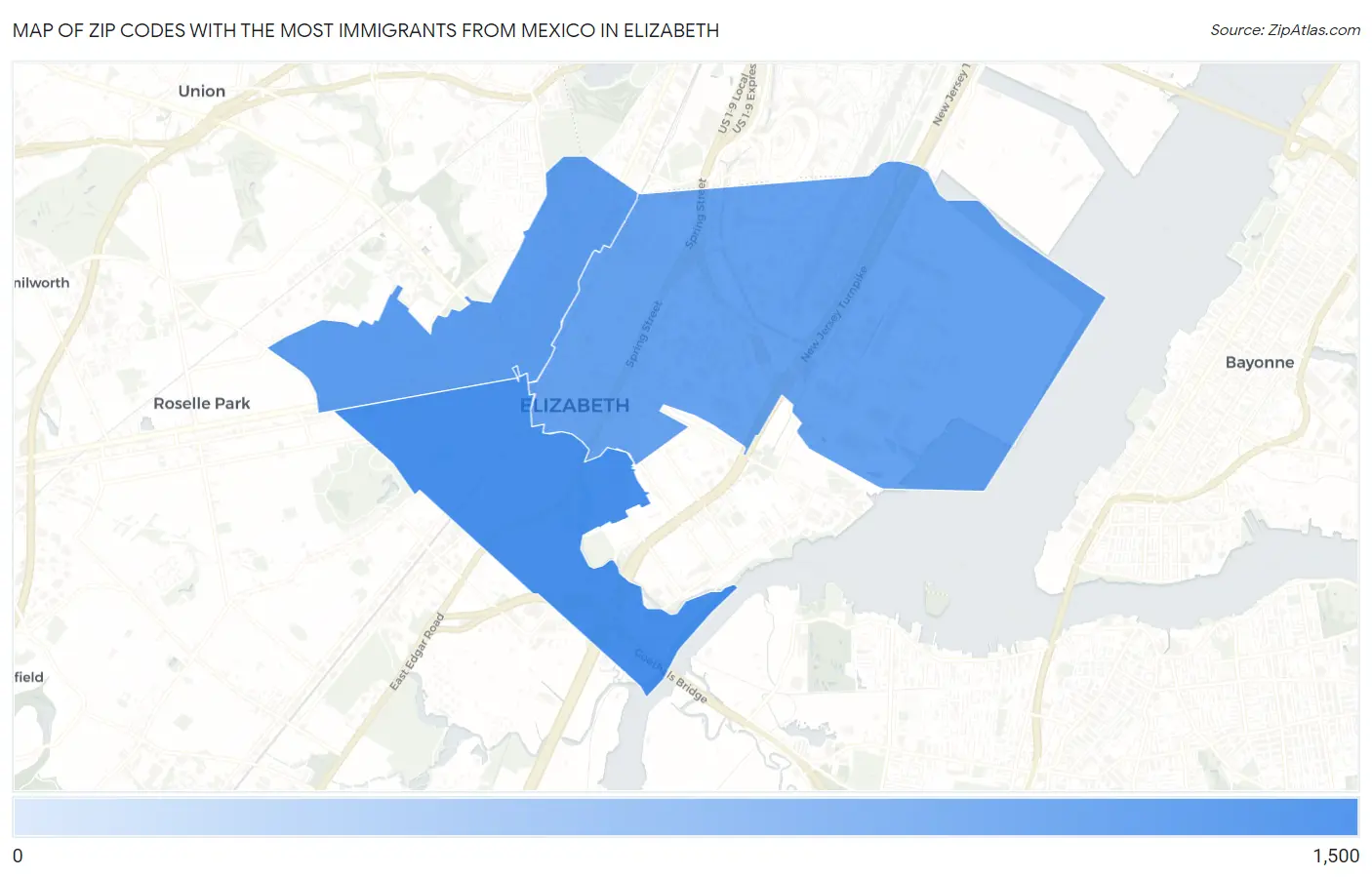 Zip Codes with the Most Immigrants from Mexico in Elizabeth Map