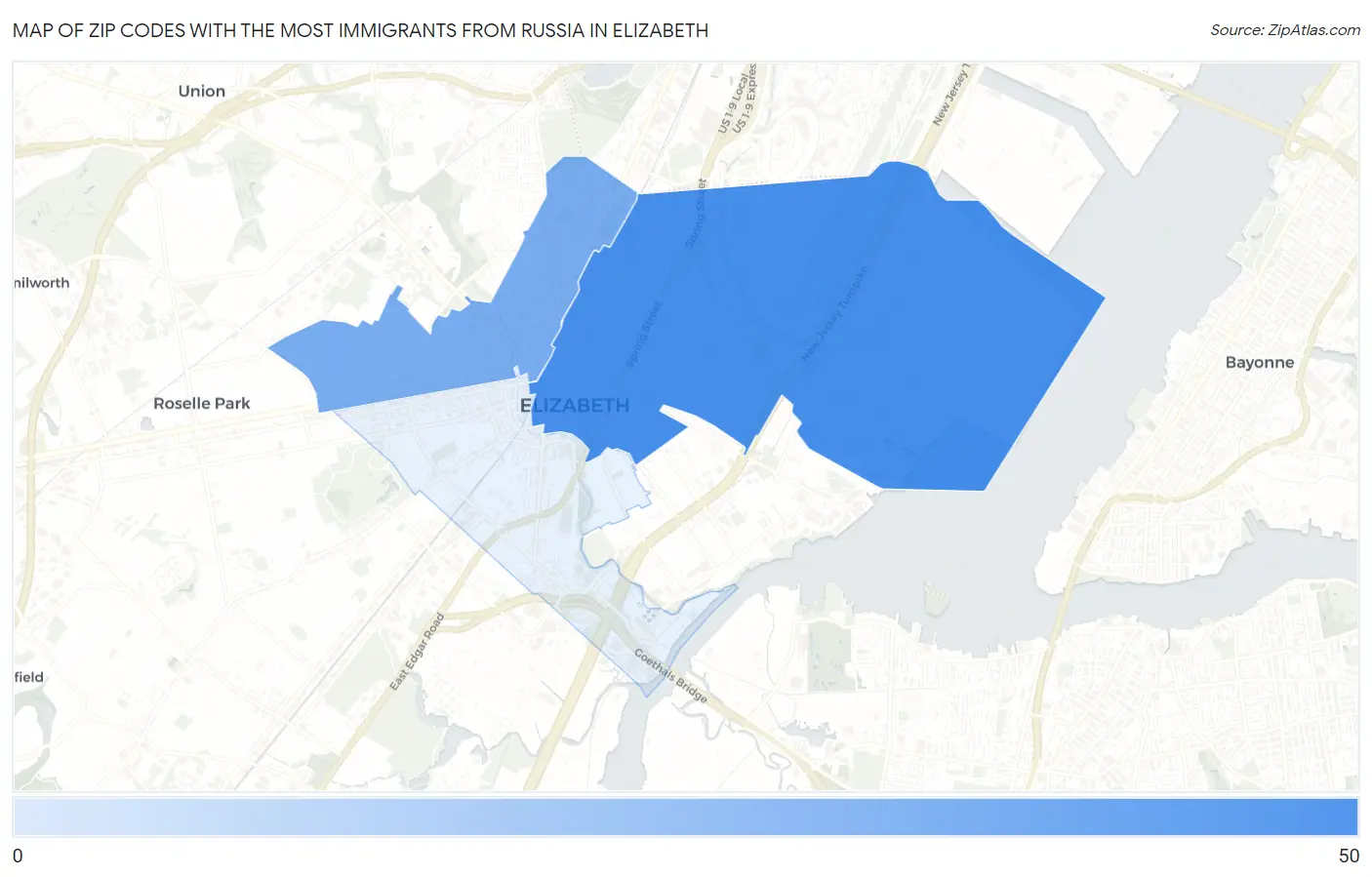 Zip Codes with the Most Immigrants from Russia in Elizabeth Map