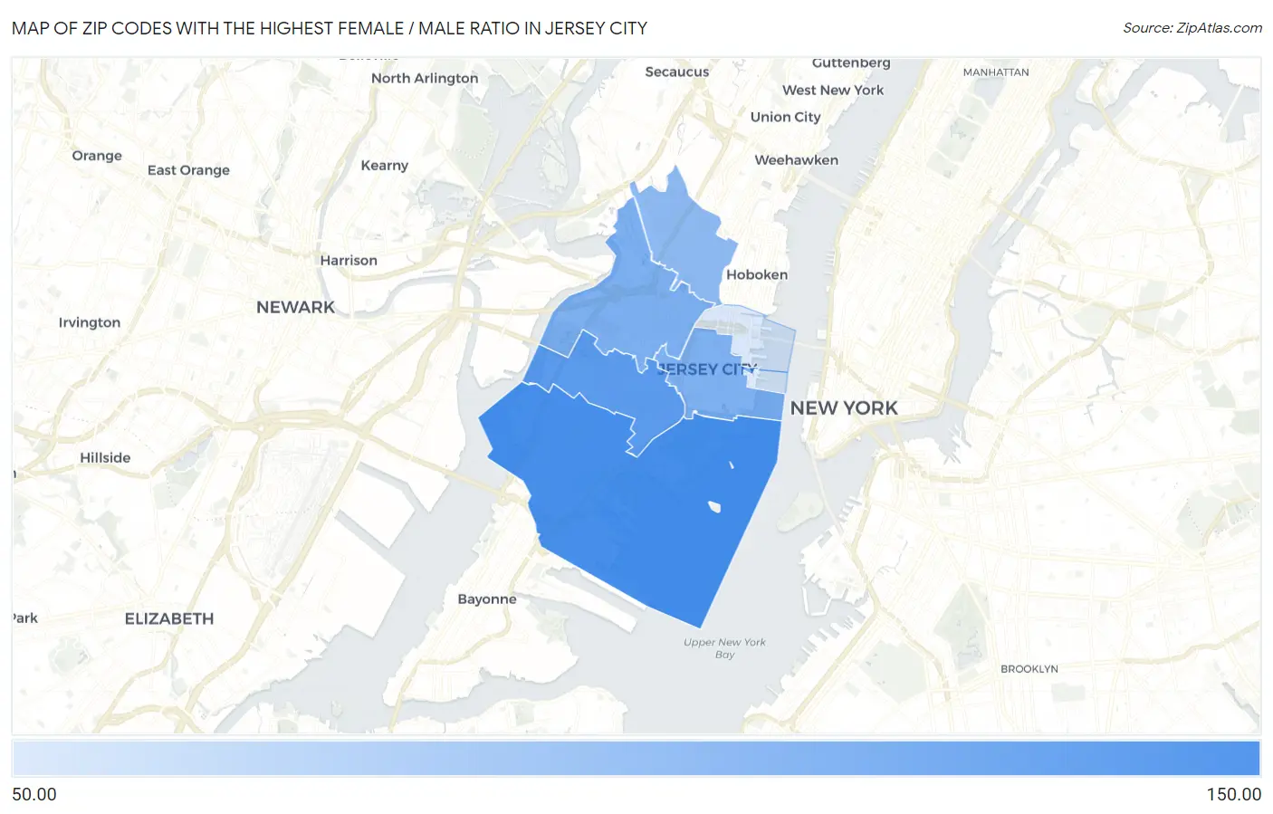 Zip Codes with the Highest Female / Male Ratio in Jersey City Map
