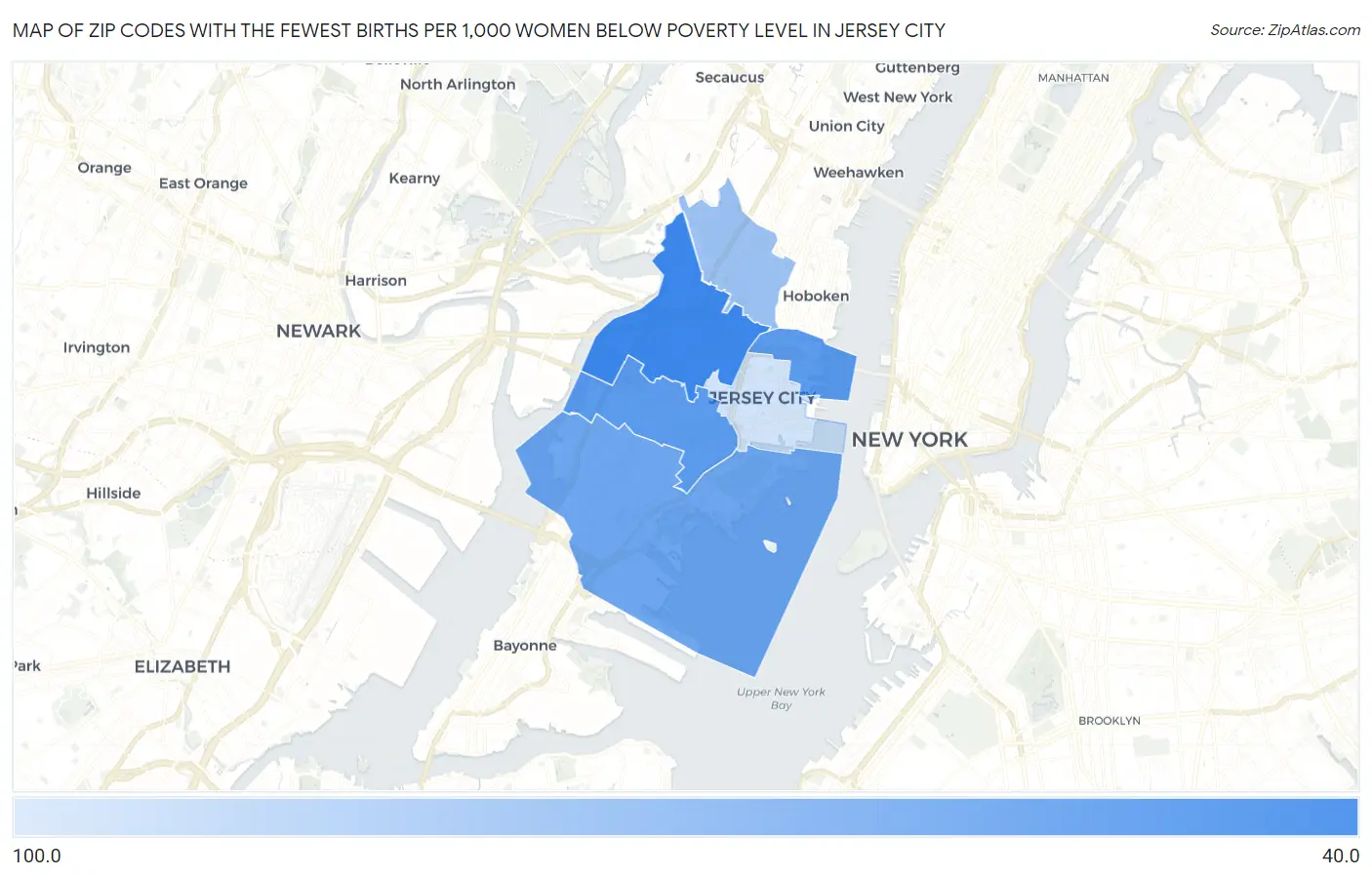 Zip Codes with the Fewest Births per 1,000 Women Below Poverty Level in Jersey City Map