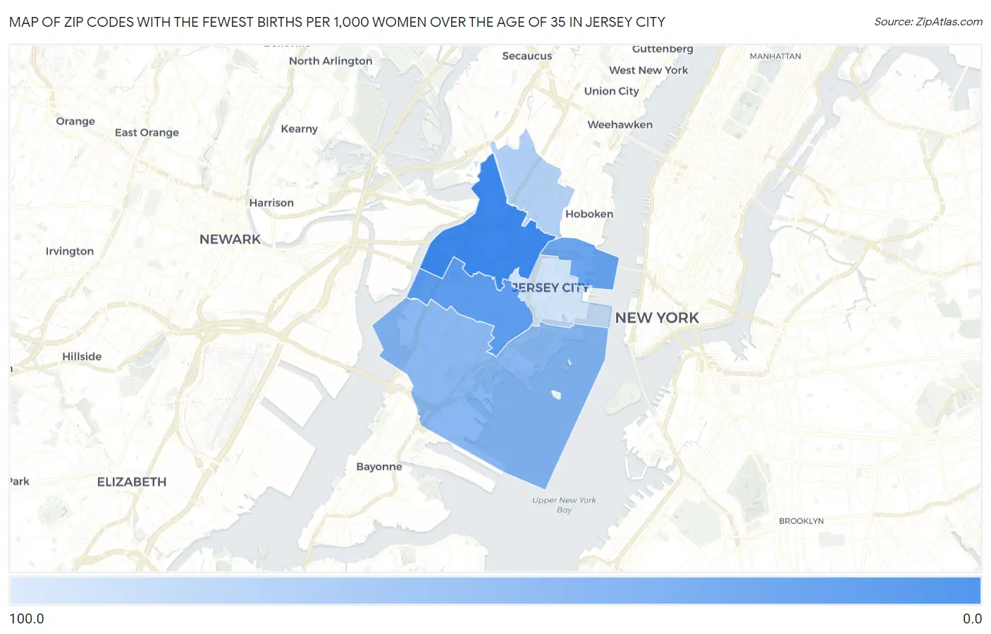 Zip Codes with the Fewest Births per 1,000 Women Over the Age of 35 in Jersey City Map