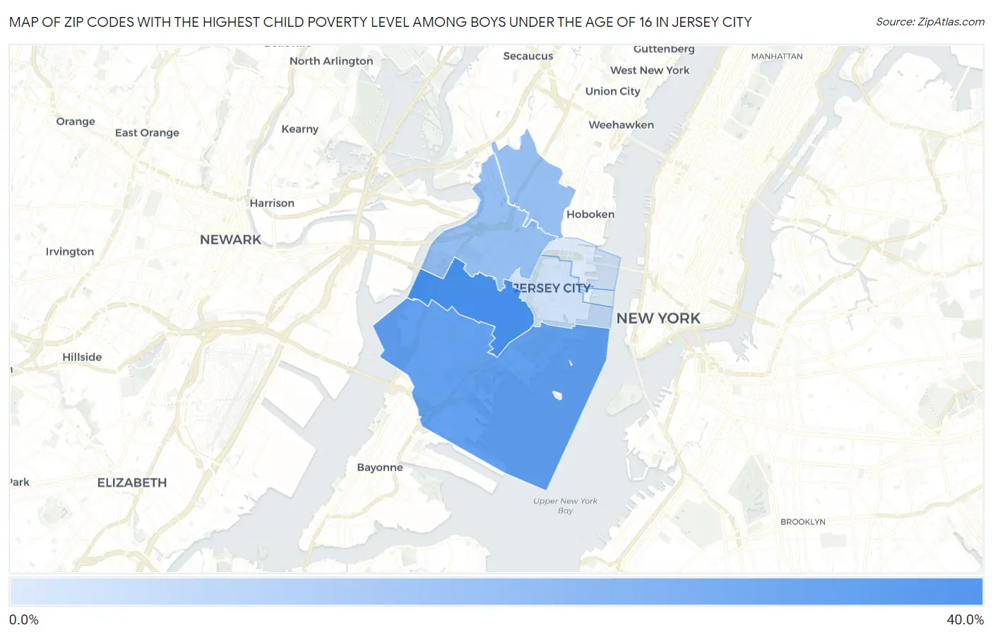 Zip Codes with the Highest Child Poverty Level Among Boys Under the Age of 16 in Jersey City Map
